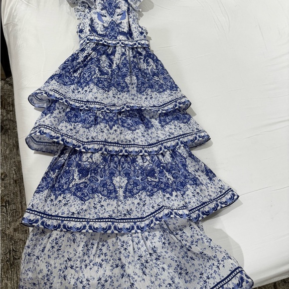 Aqua Blu Elegant Blue and White Tiered Kids Dress